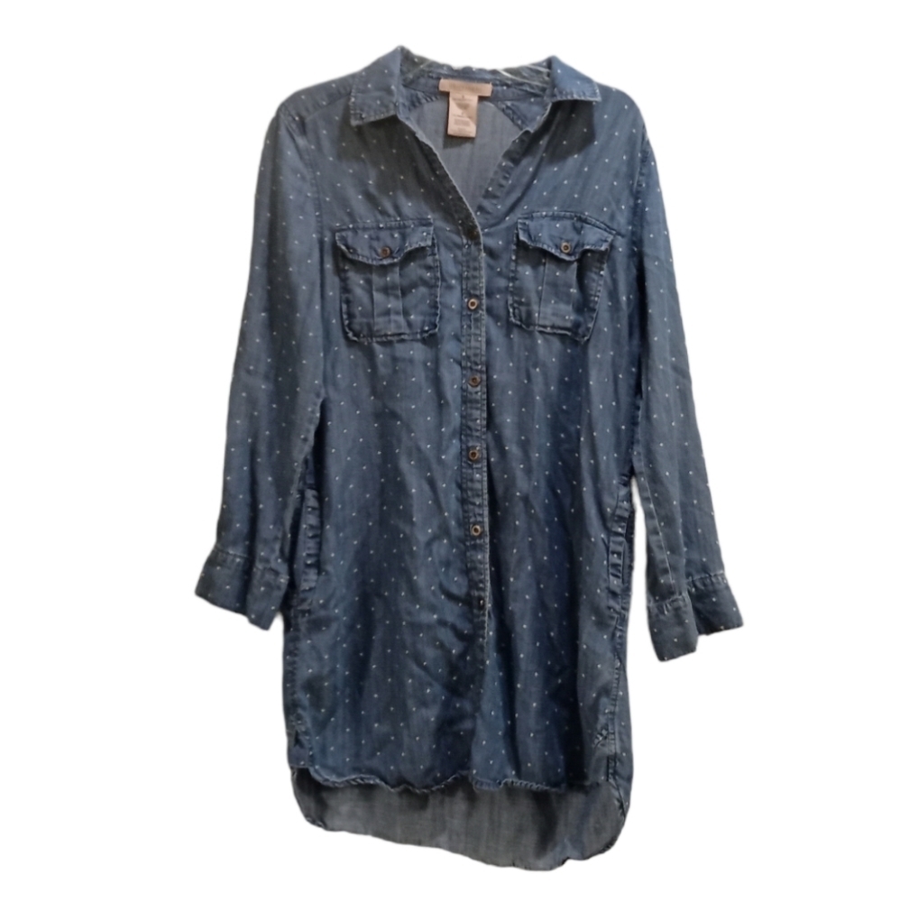 Philosophy Women's Polka Dot Button Front Western Blue Denim Dress Size S